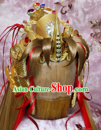 Chinese Ancient Warrior King Hair Accessories Traditional Hanfu General Golden Wigs Sheath Cosplay Swordsman Luo Hou Hairpieces and Hat