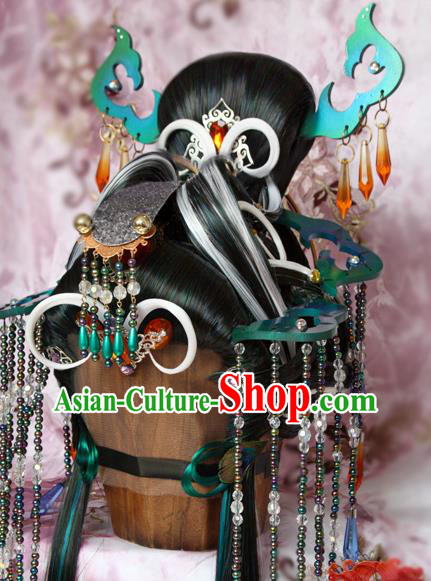Chinese Traditional Puppet Show Peacock Princess Hair Accessories Cosplay Empress Headdress Ancient Queen Wigs and Hairpins Headpieces