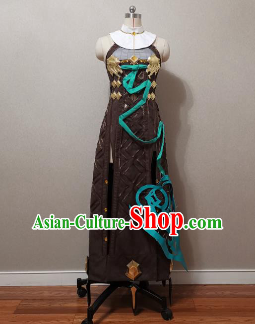 Top Cosplay Female Warrior Brown Dress Halloween Fancy Ball Garment Costume Magic Queen Clothing