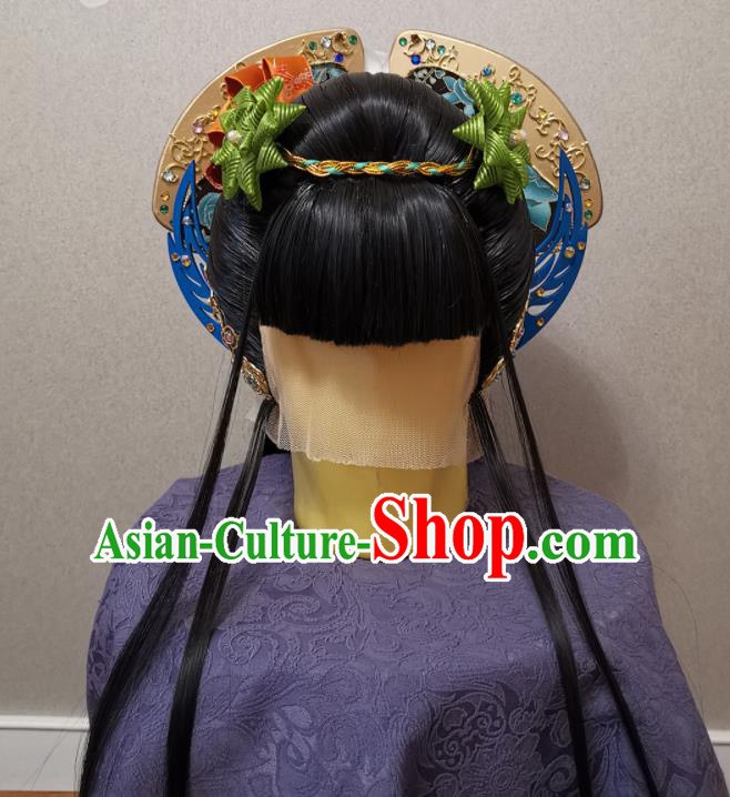 China Ancient Imperial Consort Wigs and Hairpins Headpieces Traditional Puppet Show Huan Ji Hair Accessories Cosplay Young Beauty Headdress
