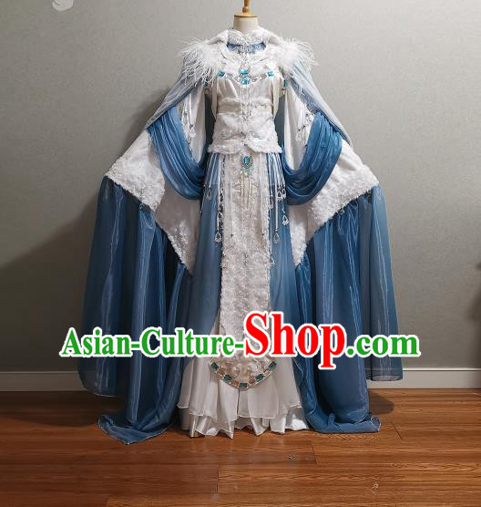 Professional China Traditional Puppet Show Ji Wuxia Clothing Cosplay Empress Garment Costumes Ancient Princess White Dress Outfits