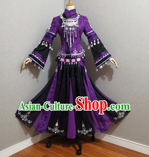 Professional China Ancient Young Beauty Purple Dress Outfits Traditional Ethnic Princess Clothing Cosplay Female Swordsman Garment Costumes