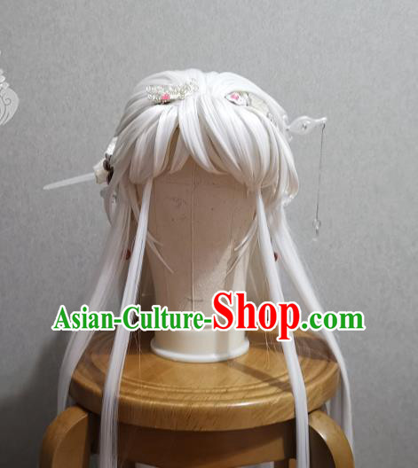 China Cosplay Young Beauty Headdress Ancient Fairy Princess White Wigs and Hairpins Headpieces Traditional Puppet Show Swordswoman Hair Accessories