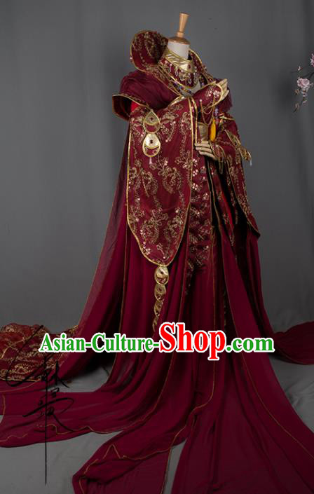 China Ancient Goddess Wine Red Dress Outfits Traditional Puppet Show Empress Hanfu Clothing Cosplay Swordswoman Queen Garment Costumes
