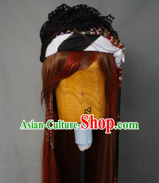 China Cosplay Swordswoman Headdress Ancient Heroine Brown Wigs and Headpieces Traditional Puppet Show Female Warrior Hair Accessories