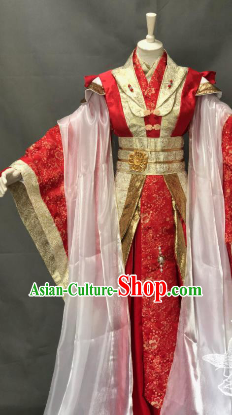 China Traditional Puppet Show Ji Yun Wedding Hanfu Clothing Cosplay Swordswoman Garment Costumes Ancient Empress Red Dress Outfits