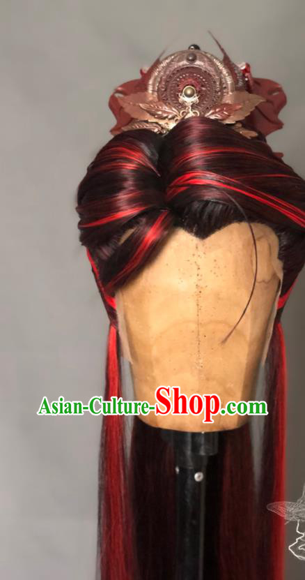 Chinese Handmade Ancient Royal King Headdress Cosplay Monarch Red Wigs and Hair Crown Traditional Puppet Show Swordsman Hairpieces