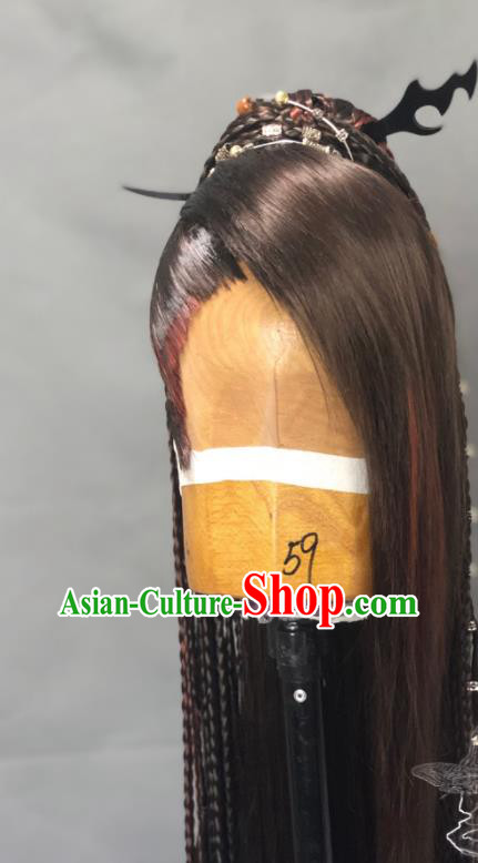 Chinese Traditional Puppet Show Swordsman Qianjin Shao Hairpieces Handmade Ancient Young Childe Headdress Cosplay Knight Braids Wigs and Hairpin