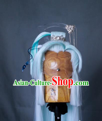 Chinese Traditional Puppet Show Swordsman Hairpieces Handmade Ancient Childe Headdress Cosplay Knight Light Blue Wigs and Hair Crown