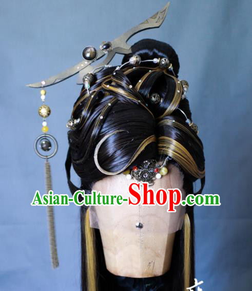 Chinese Cosplay Crown Prince Wigs and Hair Crown Traditional Puppet Show Young Childe Hairpieces Handmade Ancient Swordsman Headdress