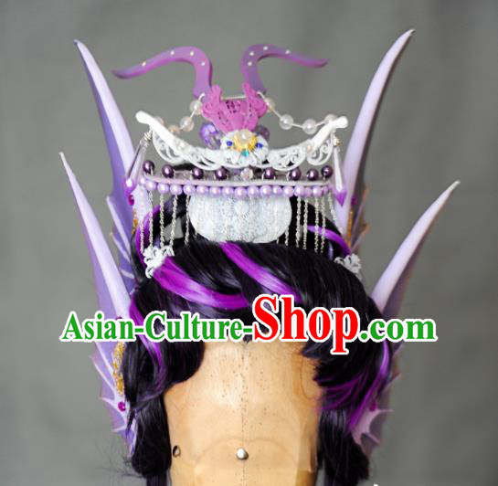 Chinese Handmade Ancient Swordsman Headdress Cosplay Dragon King Purple Wigs and Hair Crown Traditional Puppet Show Beiming Fengyu Hairpieces