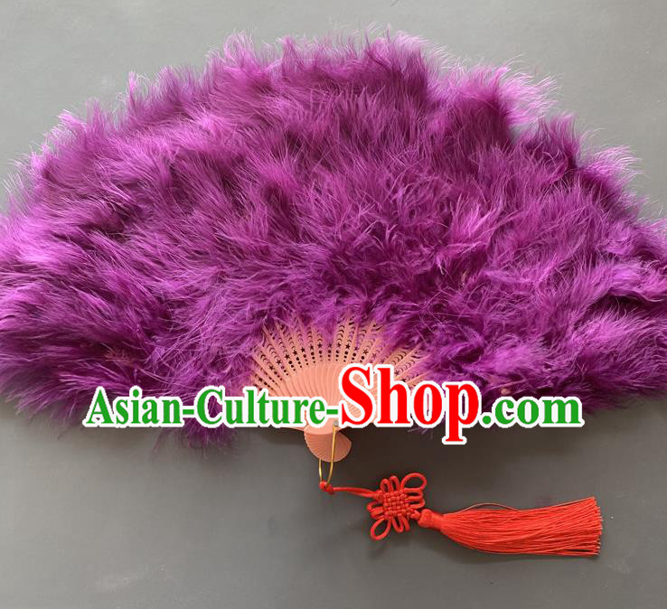 Handmade China Folk Dance Folding Fan Traditional Purple Feather Fans Opera Performance Fan
