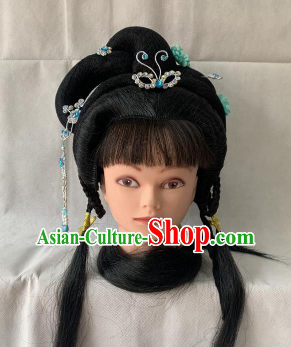 Chinese Traditional Opera Young Lady Headdress Beijing Opera Fairy Wigs and Hairpins Hairpieces Peking Opera Hua Tan Hair Accessories