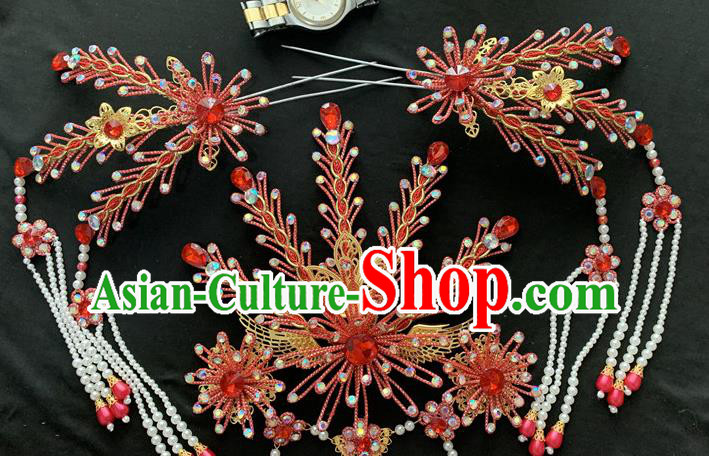 Chinese Peking Opera Hua Tan Hair Accessories Traditional Opera Queen Headpieces Beijing Opera Empress Red Phoenix Hair Crown and Hairpins