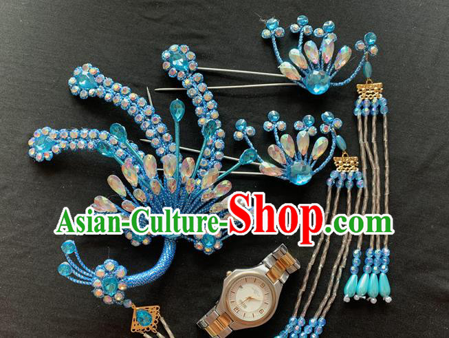 Chinese Peking Opera Hua Tan Hair Accessories Traditional Opera Diva Headpieces Beijing Opera Noble Lady Blue Phoenix Hair Crown and Hairpins