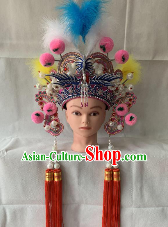 Chinese Beijing Opera Blues Feather Hat Peking Opera Swordswoman Pink Phoenix Helmet Traditional Opera Female General Headdress