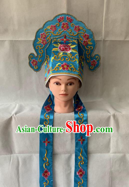 Handmade China Peking Opera Xiaosheng Embroidered Blue Hat Beijing Opera Niche Headwear Ancient Scholar Helmet Headdress