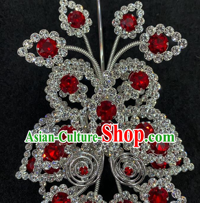 Chinese Traditional Opera Princess Red Butterfly Hairpin Beijing Opera Hua Tan Hair Accessories Peking Opera Actress Crystal Hair Crown