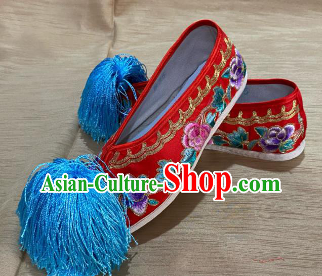 Handmade China Ancient Princess Shoes Peking Opera Hua Tan Red Satin Shoes Beijing Opera Actress Shoes Wedding Embroidered Shoes