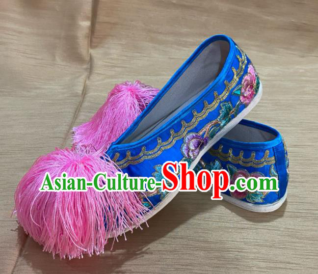 Handmade China Wedding Embroidered Shoes Ancient Princess Shoes Peking Opera Hua Tan Royalblue Satin Shoes Beijing Opera Actress Shoes
