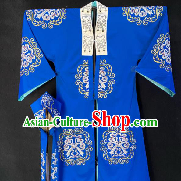 Chinese Shanxi Opera Elderly Male Garment Costume Peking Opera Laosheng Embroidered Blue Cape Traditional Opera Landlord Clothing