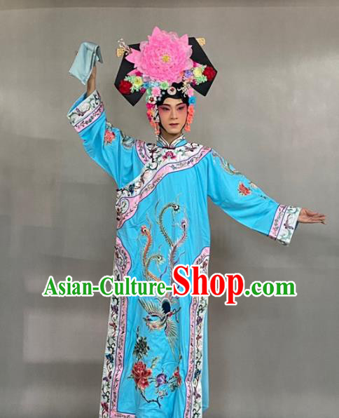 China Beijing Opera Empress Embroidered Blue Dress Traditional Opera Court Beauty Garment Costume Ancient Princess Clothing and Great Wing Headdress