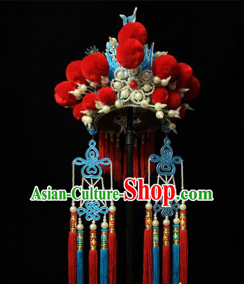 Chinese Traditional Opera Female General Headdress Beijing Opera Blues Hair Accessories Peking Opera Mu Guiying Phoenix Coronet