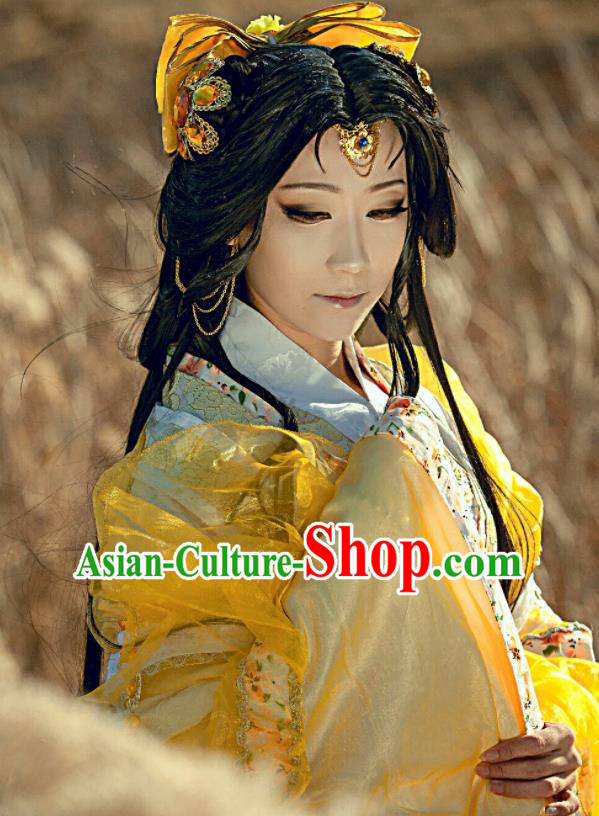 China Cosplay Fairy Princess Yellow Dress Outfits Traditional Puppet Show Feng Cailing Garment Costumes Ancient Swordswoman Clothing and Headdress