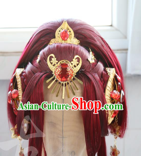 Chinese Traditional Puppet Show Empress Hairpieces Ancient Fairy Hair Accessories Cosplay Goddess Red Wigs Headdress