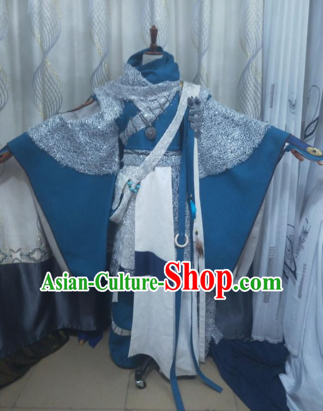 Chinese Puppet Show Monk Meng Qiusun Garment Costumes Ancient Young Male Blue Uniforms Traditional Cosplay Swordsman Clothing