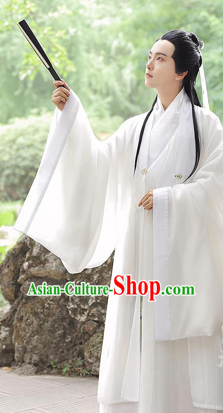 China Ming Dynasty Young Childe Garment Costumes Traditional Hanfu Historical Clothing Ancient Scholar White Dress Apparels