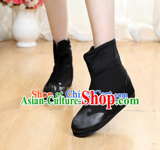 Chinese Handmade Black Boots with Wool Inside Traditional Winter Boots Ancient Swordsman Shoes