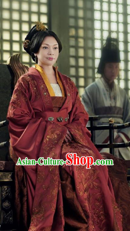 China Ancient Royal Queen Wine Red Dress Garment The Rebel Princess Replica Costumes Southern and Northern Dynasties Empress Clothing and Headwear