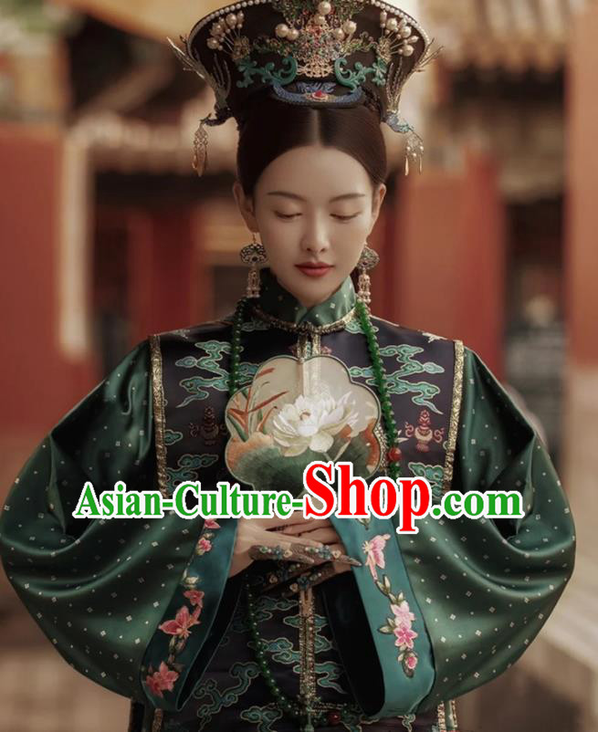 China Ancient Palace Empress Dark Green Dress Clothing Traditional Qing Dynasty Noble Women Garment Costumes and Headgear Complete Set
