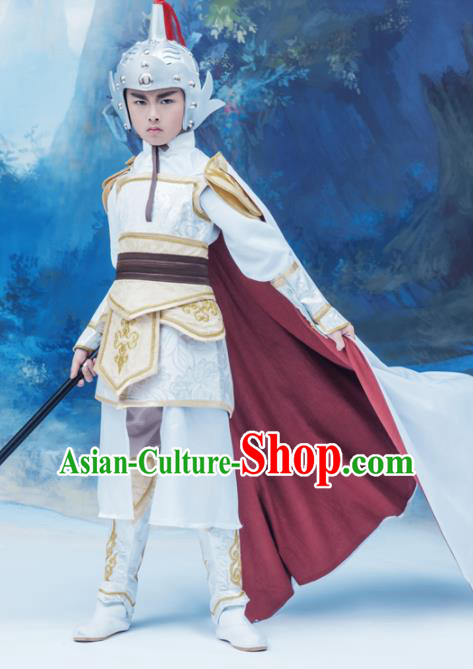 Chinese Ancient General Garment Costumes Children Clothing Three Kingdoms Period Armor and Hat Complete Set