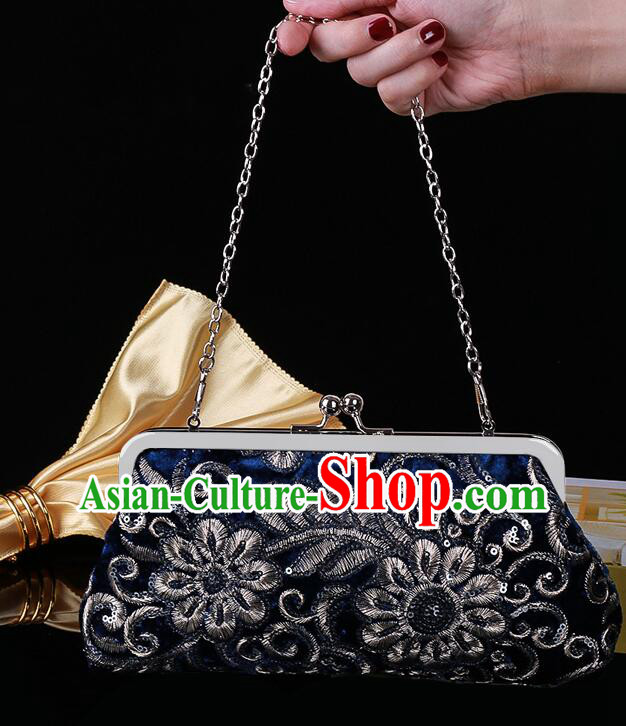 China Navy Blue Clutch Bag Handmade Embroidery Handbag National Cheongsam Evening Bag