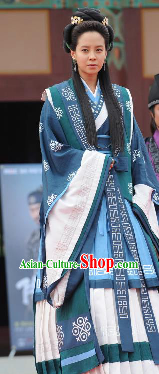 TV Series GyeBaek Garment Costumes Korean Traditional Clothing Ancient Queen Eun go Blue Dress and Headpieces