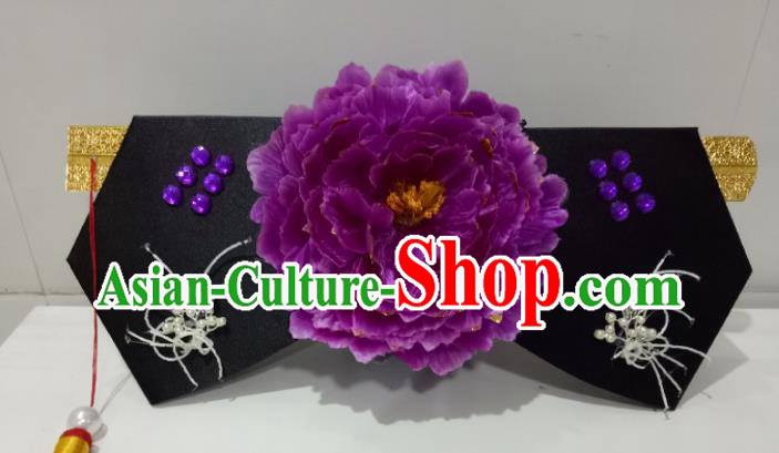 China Ancient Court Maid Hair Accessories Traditional Qing Dynasty Purple Peony Giant Wing Headdress TV Series Princess of Pearl Headpiece