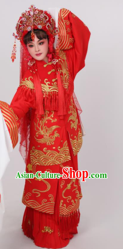 Chinese Ancient Bride Wedding Clothing Peking Opera Hua Tan Garment Costumes Traditional Shaoxing Opera Empress Red Dress and Headpieces