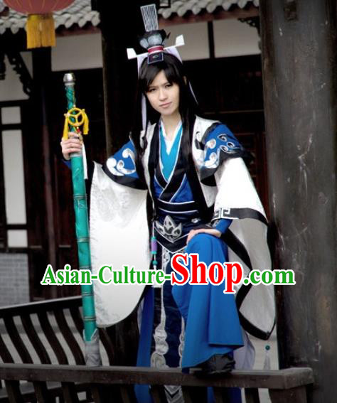 Chinese Ancient Taoist Priest Garment Costumes Cosplay Swordsman Clothing Game Jian Xia Qing Yuan Young Male Blue Apparel
