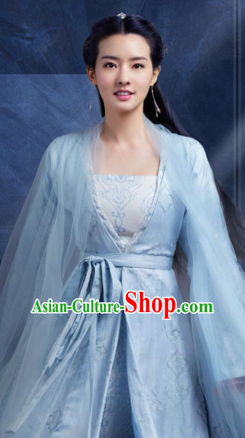 China Romance Drama The Blessed Girl Li Sha Clothing Traditional Cosplay Fairy Blue Hanfu Dress Ancient Swordswoman Garment Costumes and Headpieces