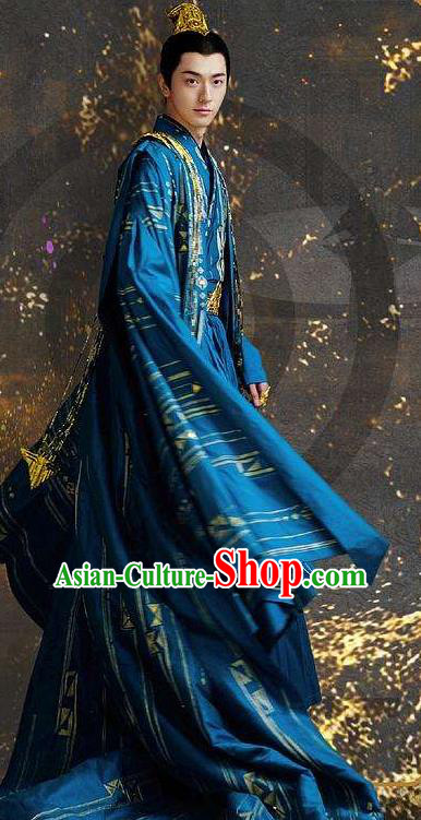 China Ancient Emperor Garment Costumes Romance Drama The Blessed Girl Yuan Yi Clothing Traditional King Blue Imperial Robe and Headdress