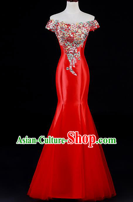 Professional Custom Red Full Dress Dinner Party Formal Garment China New Year Off Shoulder Mermaid Dress