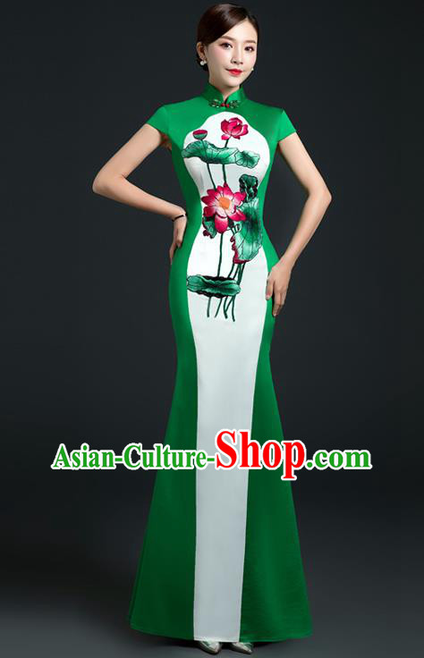 Chinese Modern Cheongsam Embroidered Lotus Qipao Dress New Year Full Dress Traditional Green Satin Qipao