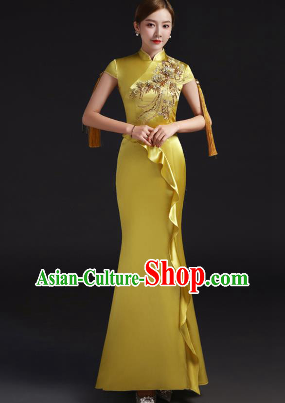 Chinese Embroidered Yellow Qipao Clothing Modern Cheongsam Traditional New Year Dress Compere Full Dress