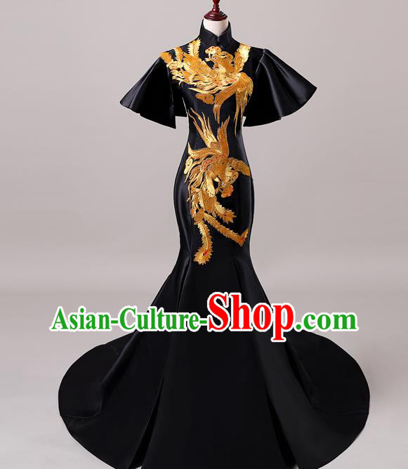 China Professional Catwalks Black Full Dress New Year Formal Garment Compere Trailing Dress