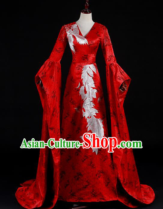China Professional Catwalks Embroidery Full Dress New Year Formal Costume Compere Red Water Sleeve Dress
