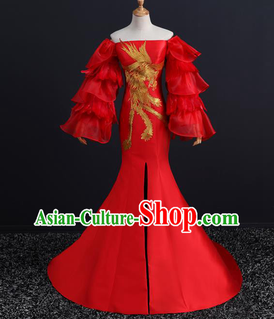 China New Year Formal Costume Compere Red Feather Dress Professional Catwalks Embroidery Phoenix Full Dress