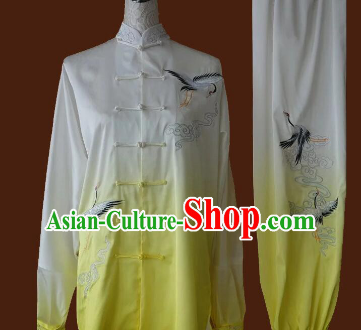Top Martial Arts Qi Gong Clothing Tai Ji Competition Gradient White to Yellow Uniform Embroidered Cranes Tai Chi Championship Costumes