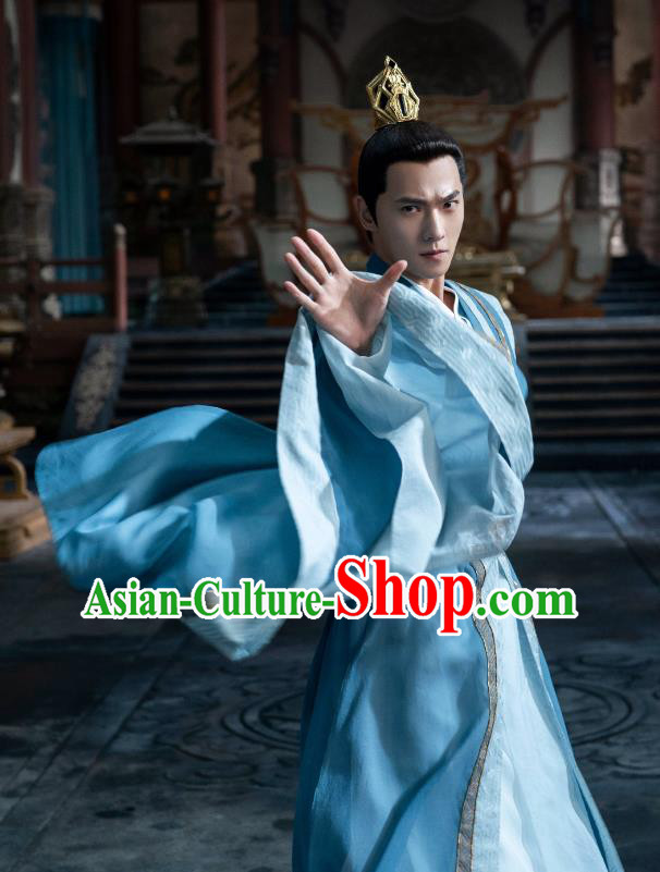 Chinese Ancient Prince Blue Clothing Wuxia TV Series Qie Shi Tian Xia Feng Lan Xi Replica Costumes and Headpieces